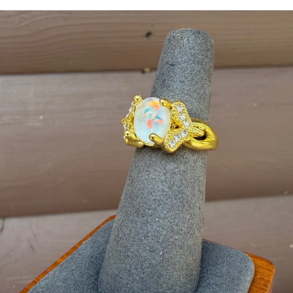 Gold Tone Oval Faux Fire Opal Ring Rhinestone Accents Size 6